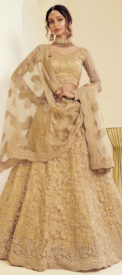 Festive, Wedding Gold color Lehenga in Net fabric with A Line Embroidered, Stone, Thread work : 1707679