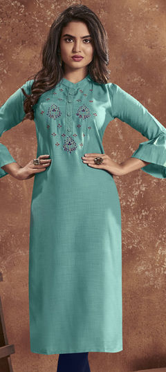 Casual, Party Wear Blue color Kurti in Cotton fabric with Long Sleeve, Straight Embroidered, Thread work : 1707900