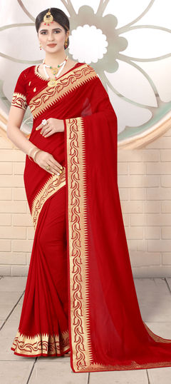 Red and Maroon color Saree in Art Silk, Silk fabric with Embroidered, Stone, Thread, Zari work