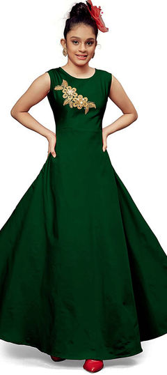 Green color Girls Gown in Satin Silk fabric with Embroidered work