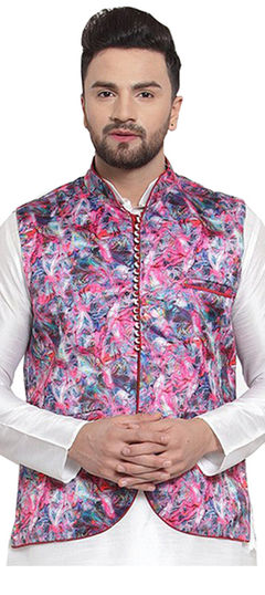 Multicolor color Nehru Jacket in Satin Silk fabric with Printed work