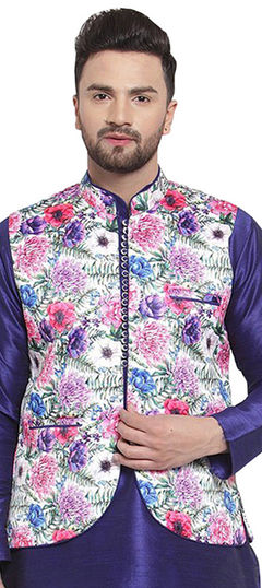 Multicolor color Nehru Jacket in Satin Silk fabric with Printed work