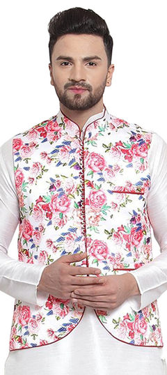 Multicolor color Nehru Jacket in Satin Silk fabric with Printed work