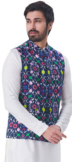 Multicolor color Nehru Jacket in Satin Silk fabric with Printed work