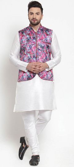 White and Off White color Kurta Pyjama with Jacket in Raw Silk fabric with Printed work