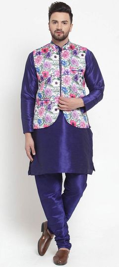 Blue color Kurta Pyjama with Jacket in Raw Silk fabric with Floral, Printed work