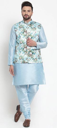 Blue color Kurta Pyjama with Jacket in Raw Silk fabric with Floral, Printed work