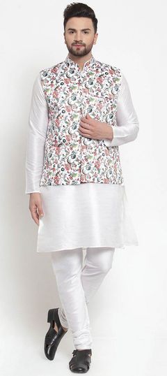 White and Off White color Kurta Pyjama with Jacket in Raw Silk fabric with Floral, Printed work