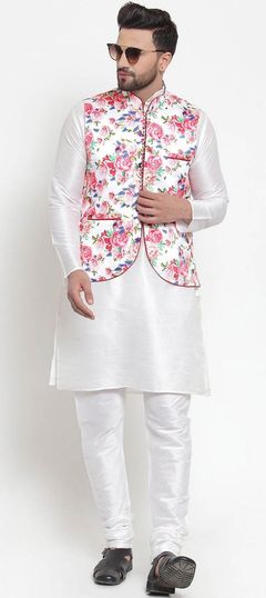 White and Off White color Kurta Pyjama with Jacket in Raw Silk fabric with Floral, Printed work