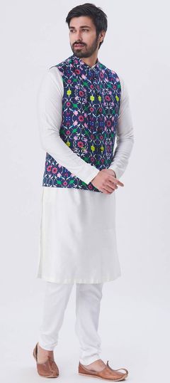 White and Off White color Kurta Pyjama with Jacket in Raw Silk fabric with Floral, Printed work