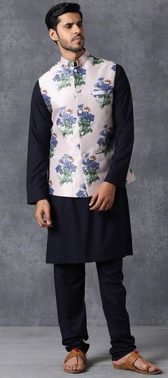 Black and Grey color Kurta Pyjama with Jacket in Cotton fabric with Floral, Printed work