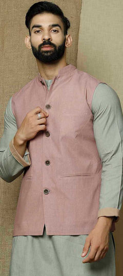 Pink and Majenta color Nehru Jacket in Satin Silk fabric with Thread work