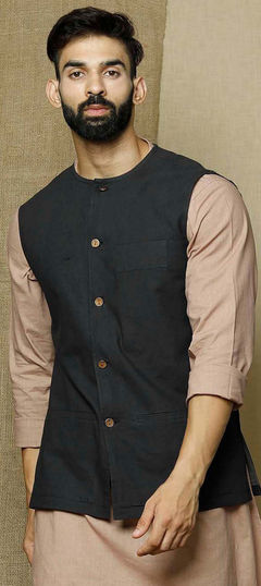 Green color Nehru Jacket in Satin Silk fabric with Thread work