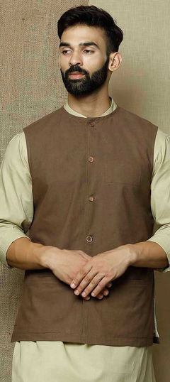 Beige and Brown color Nehru Jacket in Satin Silk fabric with Thread work