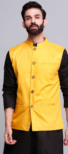 Yellow color Nehru Jacket in Satin Silk fabric with Thread work