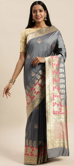 Black and Grey color Saree in Jacquard fabric with Weaving work