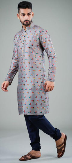 Black and Grey color Kurta Pyjamas in Cotton fabric with Printed work