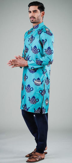 Blue color Kurta Pyjamas in Cotton fabric with Printed work