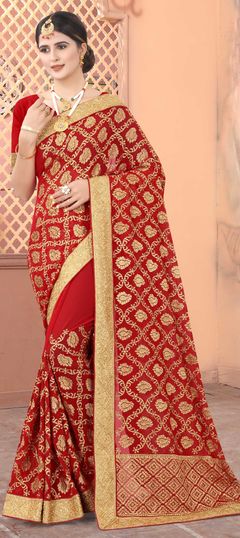 Festive, Wedding Red and Maroon color Saree in Georgette fabric with Classic Border, Embroidered, Stone, Thread, Zari work : 1708892