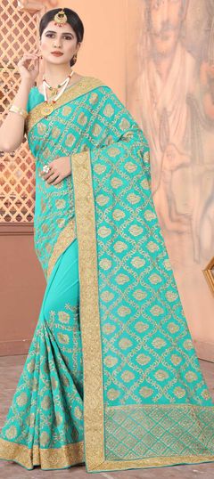 Festive, Party Wear Blue color Saree in Georgette fabric with Classic Border, Embroidered, Stone, Thread, Zari work : 1708899