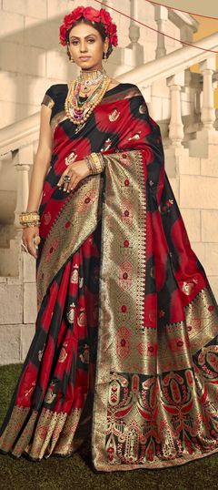 Black and Grey, Red and Maroon color Saree in Art Silk, Silk fabric with Weaving work