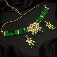 Gold Rodium Polish Green color Necklace in Metal Alloy studded with CZ Diamond, Pearl