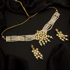 Gold Rodium Polish Beige and Brown color Necklace in Metal Alloy studded with CZ Diamond, Pearl