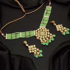 Gold Rodium Polish Green color Necklace in Metal Alloy studded with CZ Diamond, Pearl