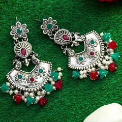 Silver Rodium Polish Blue, Red and Maroon color Earrings in Metal Alloy studded with Kundan