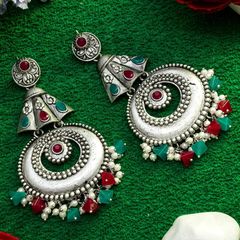 Silver Rodium Polish Blue, Red and Maroon color Earrings in Metal Alloy studded with Kundan