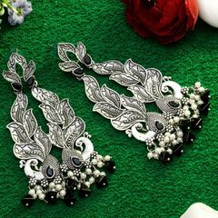 Silver Rodium Polish Black and Grey, White and Off White color Earrings in Metal Alloy studded with Kundan