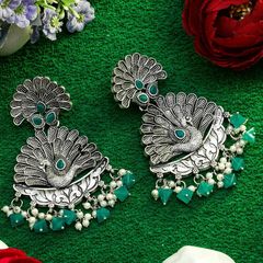 Silver Rodium Polish Blue, White and Off White color Earrings in Metal Alloy studded with Kundan