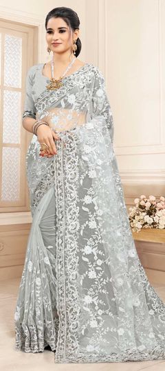 Party Wear, Wedding Black and Grey color Saree in Net fabric with Classic Embroidered, Resham, Stone, Thread work : 1709947