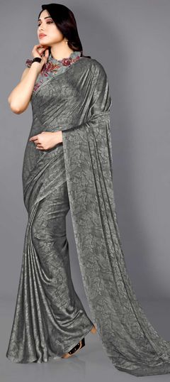 Black and Grey color Saree in Chiffon fabric with Printed work