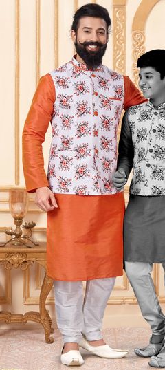 Orange color Kurta Pyjama with Jacket in Dupion Silk fabric with Floral, Printed work