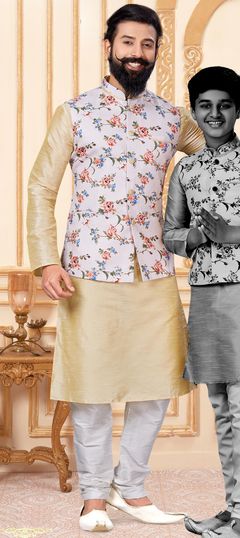 Beige and Brown color Kurta Pyjama with Jacket in Dupion Silk fabric with Floral, Printed work