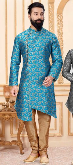 Blue color IndoWestern Dress in Jacquard fabric with Printed work