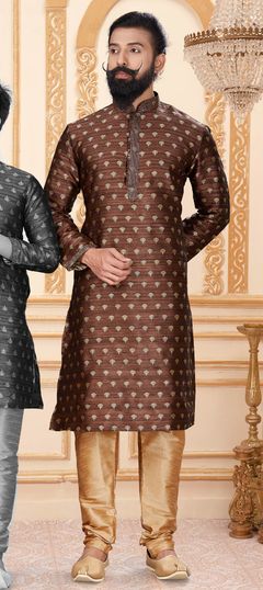 Beige and Brown color Kurta Pyjamas in Art Silk fabric with Thread work