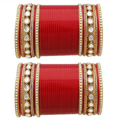 Gold Rodium Polish Red and Maroon color Bangles in Brass studded with CZ Diamond