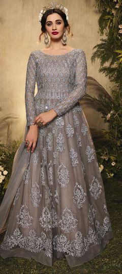 Beige and Brown color Salwar Kameez in Net fabric with Embroidered, Mirror, Thread work