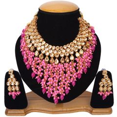 Pink and Majenta color Necklace in Metal Alloy studded with Beads & Gold Rodium Polish : 1710644