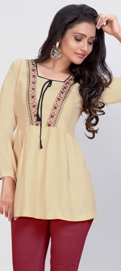 Beige and Brown color Kurti in Rayon fabric with Embroidered, Resham, Thread work