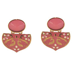 Gold Rodium Polish Pink and Majenta color Earrings in Metal Alloy studded with Kundan