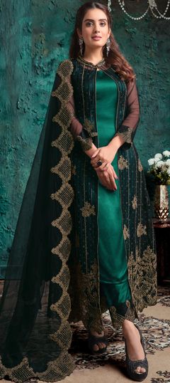 Green color Salwar Kameez in Net fabric with Embroidered, Sequence, Stone, Thread work