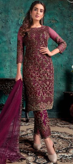 Purple and Violet color Salwar Kameez in Net fabric with Embroidered, Thread, Zari work
