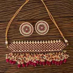 Gold Rodium Polish Pink and Majenta color Necklace in Copper studded with Kundan, Pearl