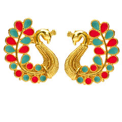 Gold Rodium Polish Blue, Red and Maroon color Earrings in Brass studded with Kundan