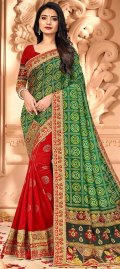 Green, Red and Maroon color Saree in Art Silk, Silk fabric with Bandhej, Printed work