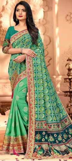 Green color Saree in Art Silk, Silk fabric with Bandhej, Printed work