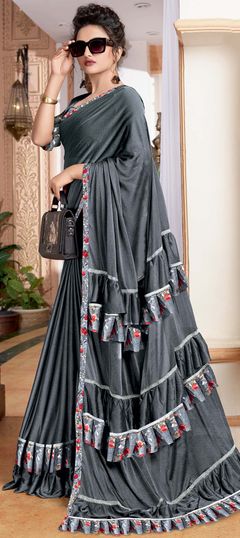 Festive, Party Wear Black and Grey color Saree in Lycra fabric with Classic, Ruffle Lace work : 1712177